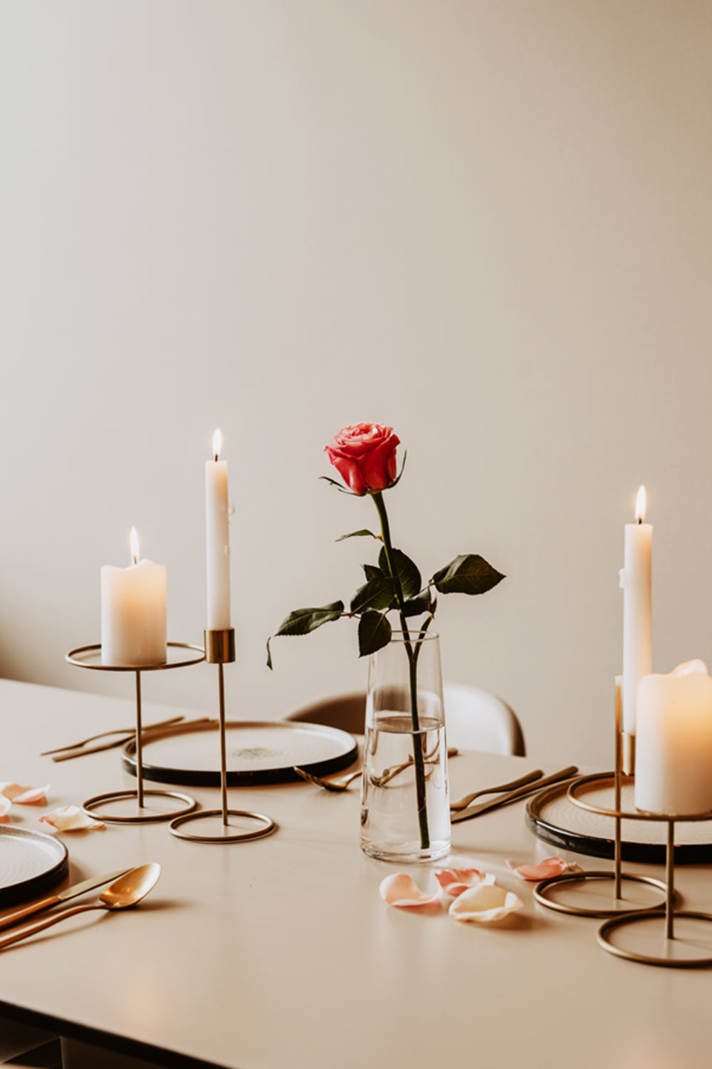 Minimal Table Decor With A Single Rose And Candles