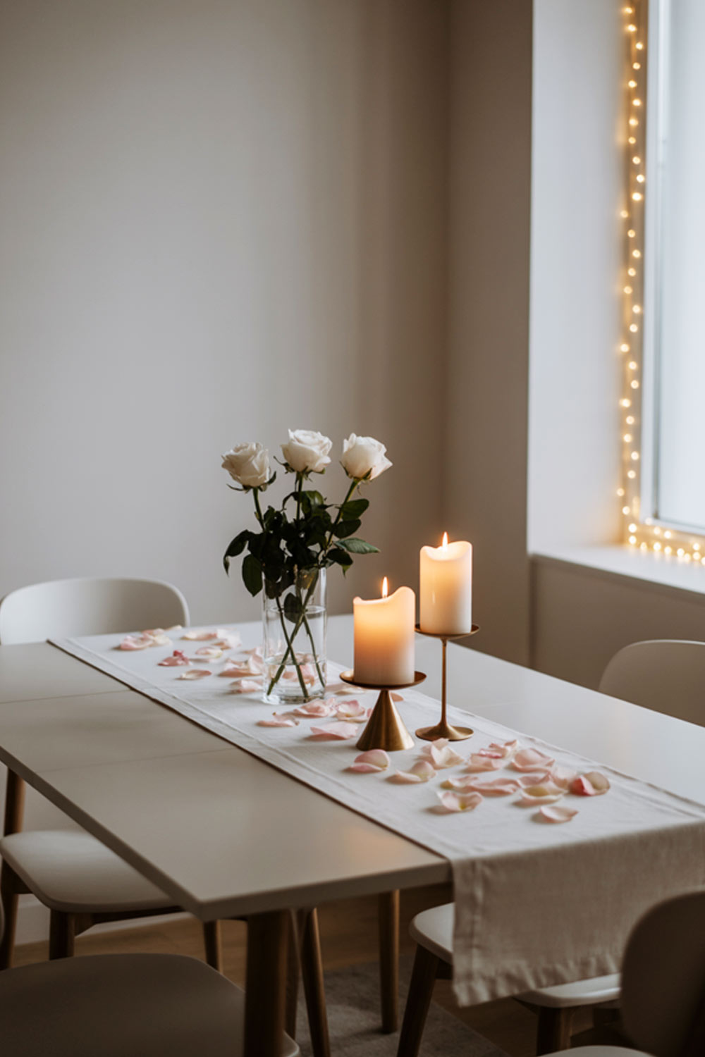 Simple Dining Table Decor With White Roses And Candles