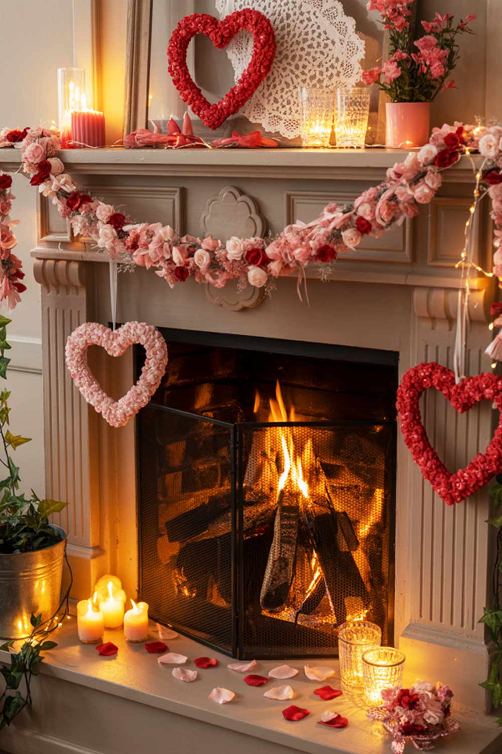 Valentine’s Day Fireplace Decor With Heart Garlands, Flowers, And Candles