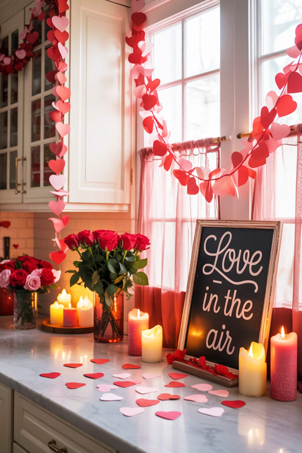 Kitchen Counter Decor With Paper Heart Garlands, Candles, And “Love Is In The Air” Sign