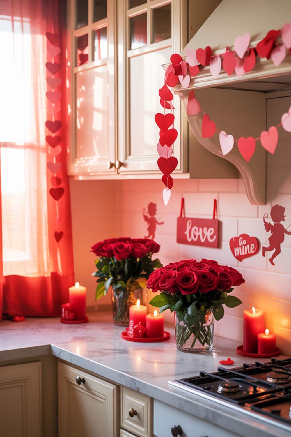 Romantic Kitchen Decor With Red Heart Garland, Roses, And Candlelight