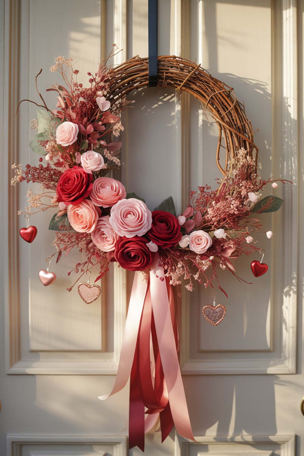 Valentine’s Day Wreath With Pink Roses And Long Ribbon Stripes