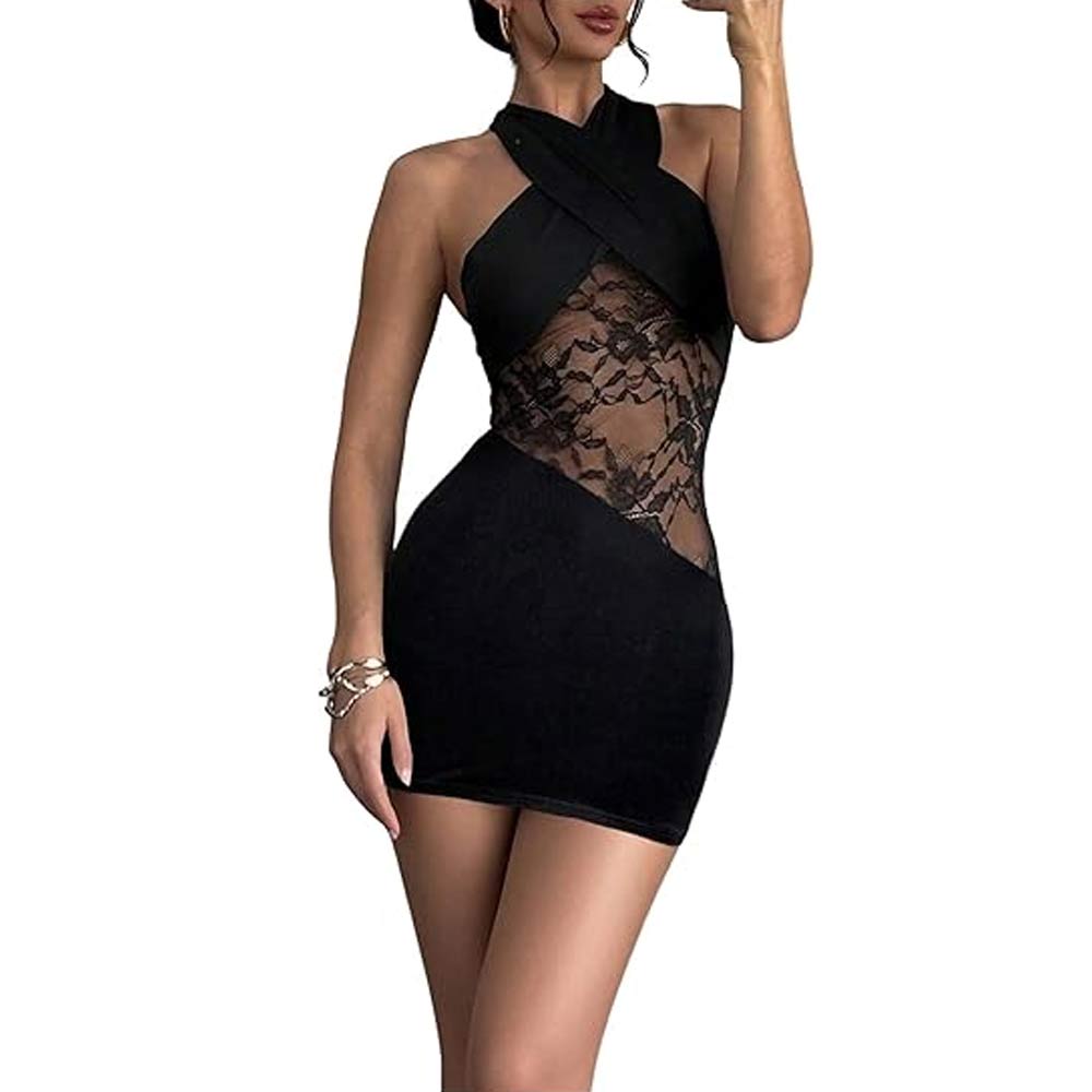 Halter Mini Bodycon Lace Dress