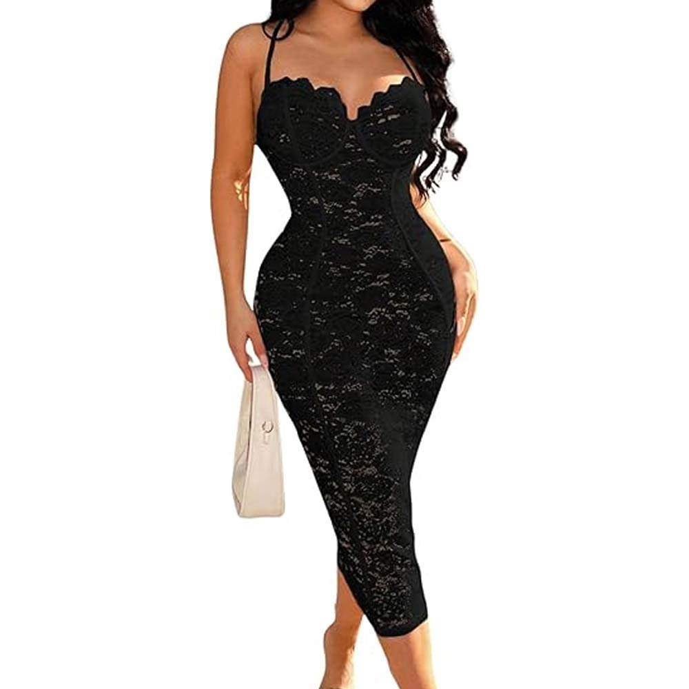 Lace Spaghetti Strap Bodycon Maxi Dress