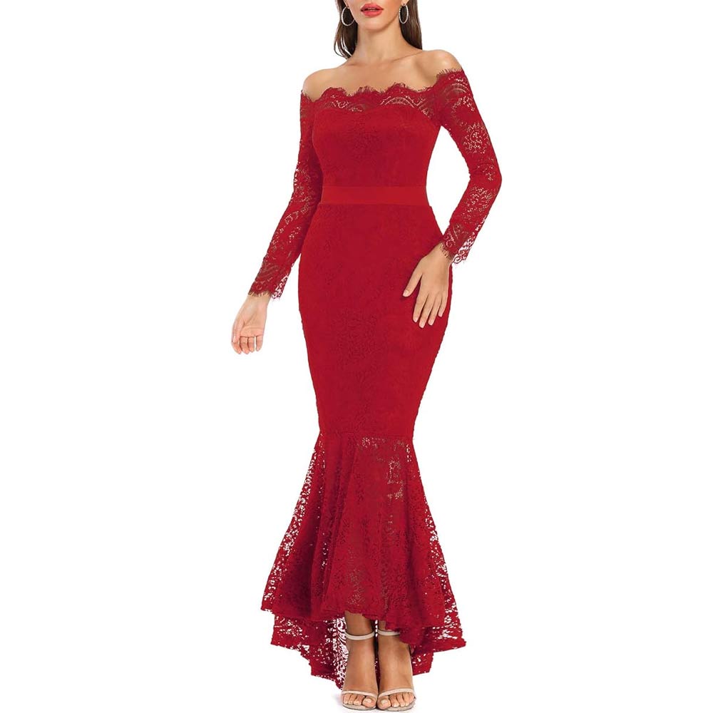 Floral Lace Long Sleeve Off Shoulder Mermaid Dress