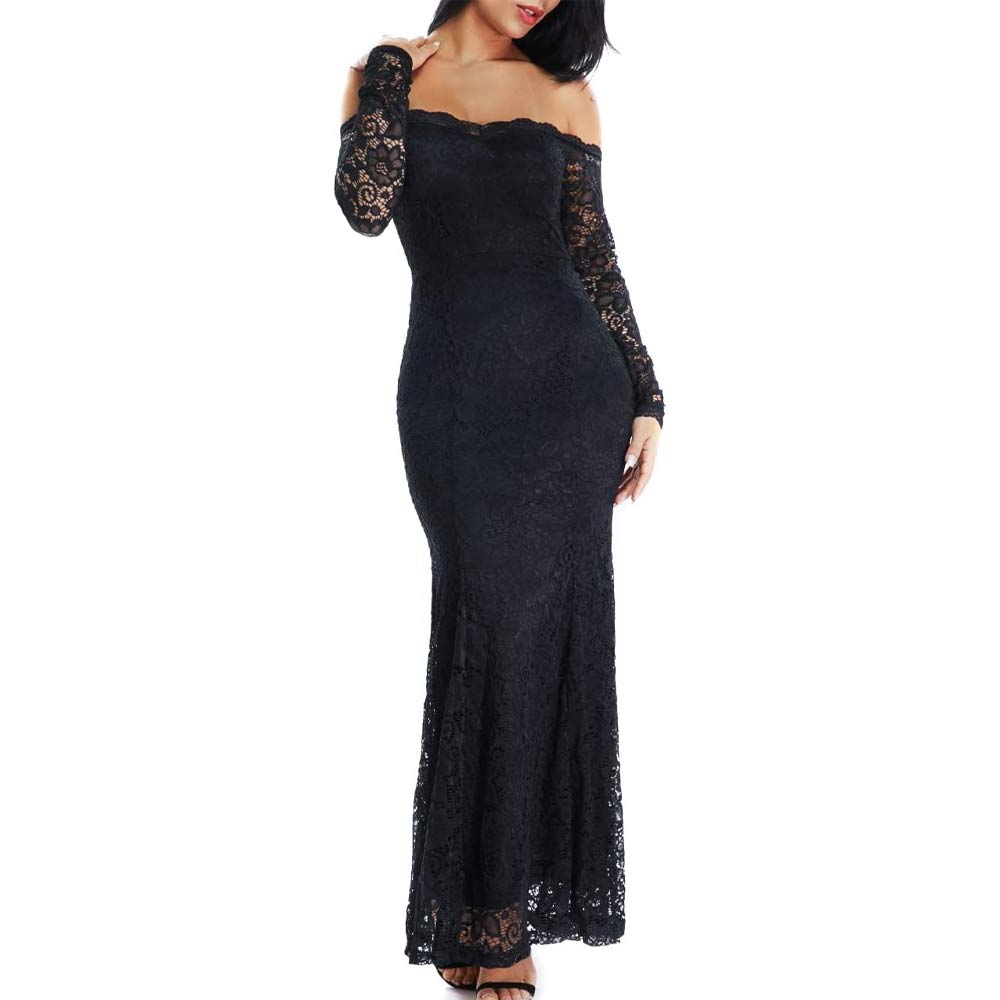 Floral Lace Long Sleeve Off Shoulder Dress