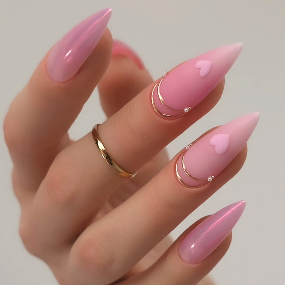 Blush Pink Valentine Nails with Tiny Heart Accents