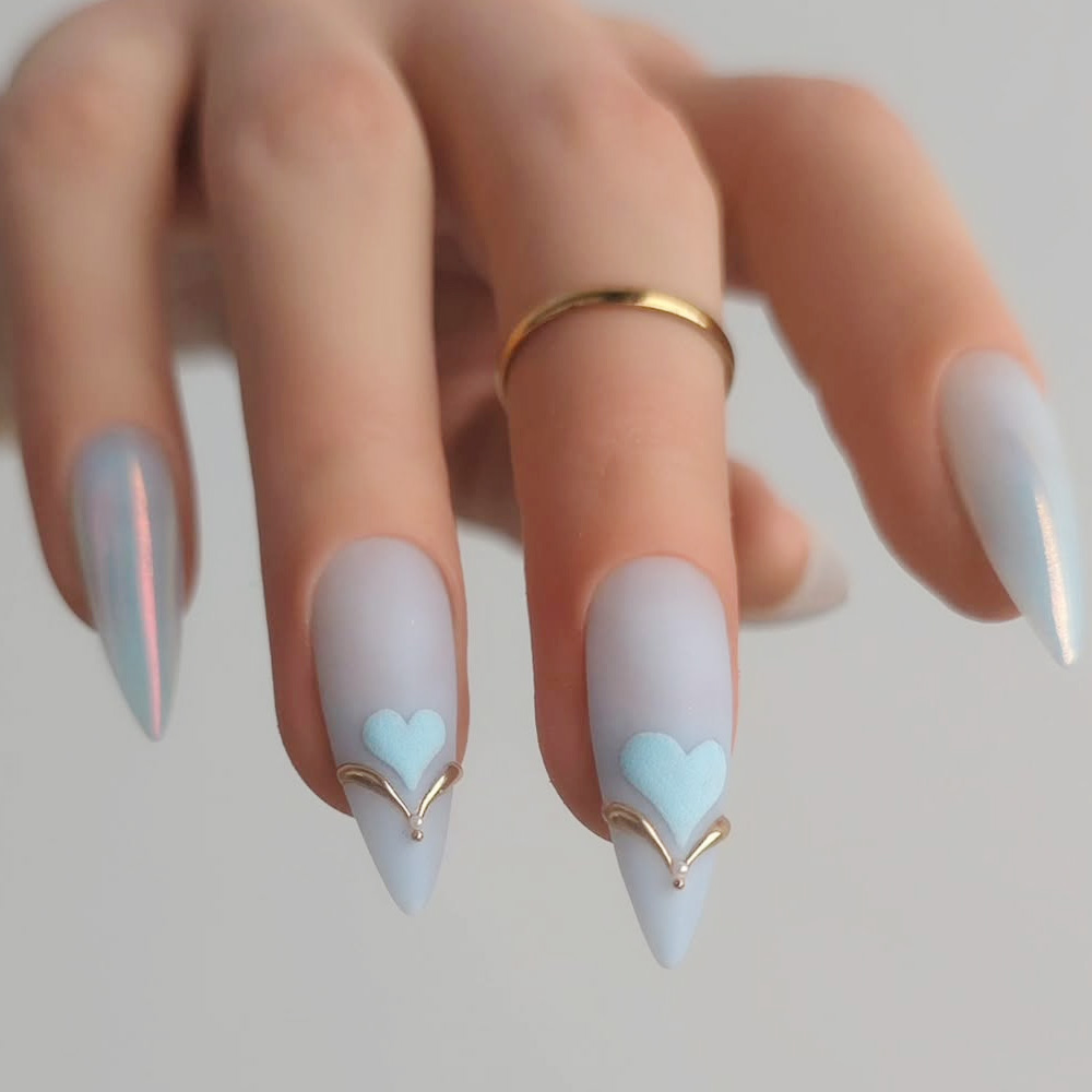 Minimal Valentine Heart Nails in Icy Pastels