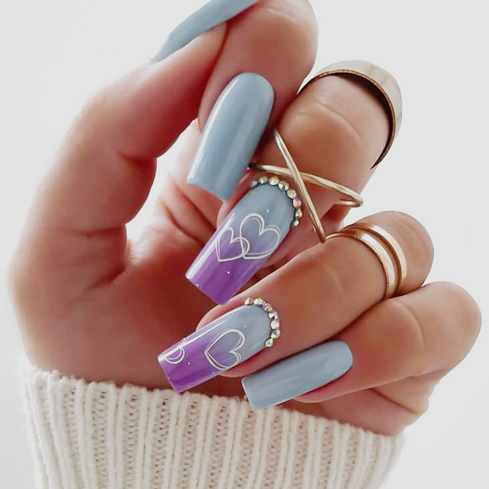 Blue-to-Lilac Valentine Nails with Heart Line Art