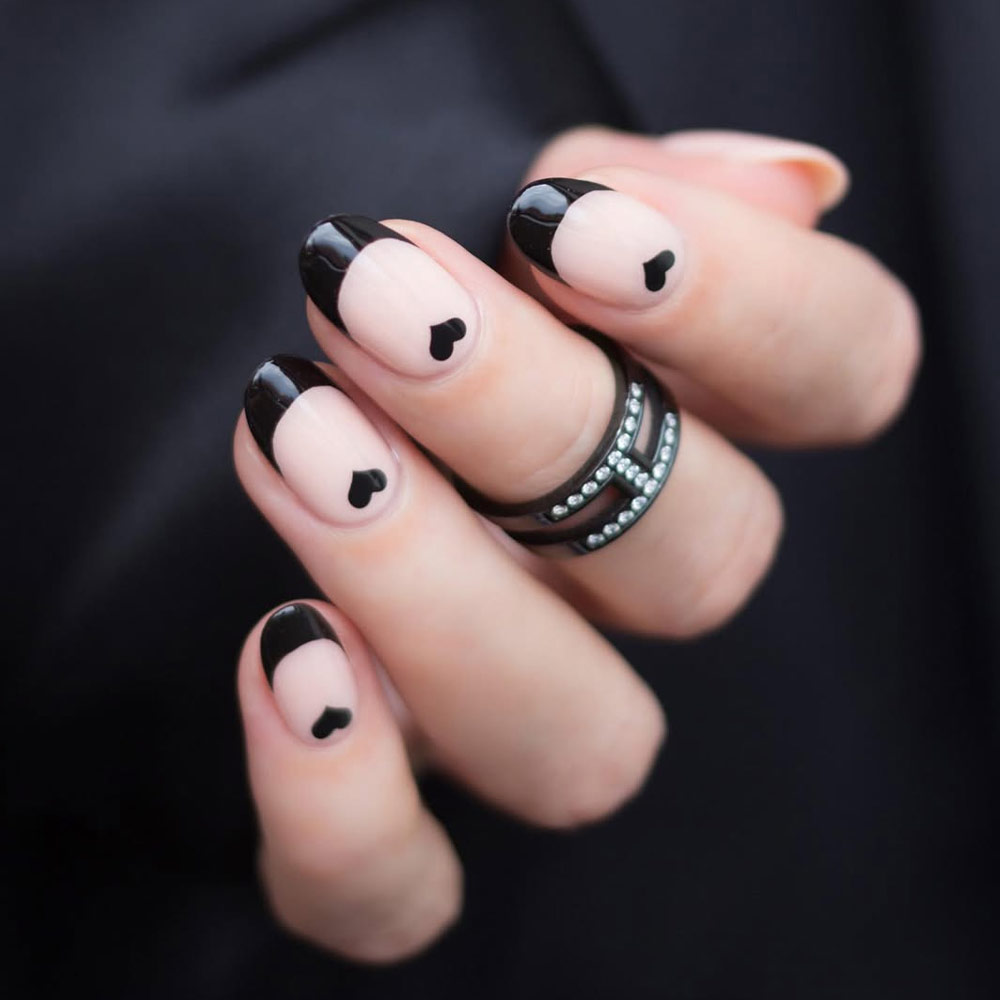 Black French Tips with Tiny Heart Accents