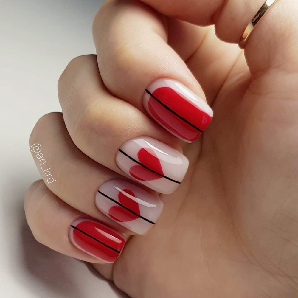 Modern Heart Nails in Red, Nude & Black