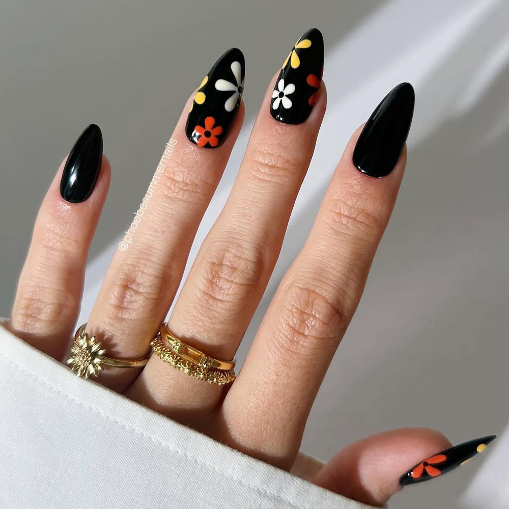 Easter Daisy Nail Art with Black Color Base