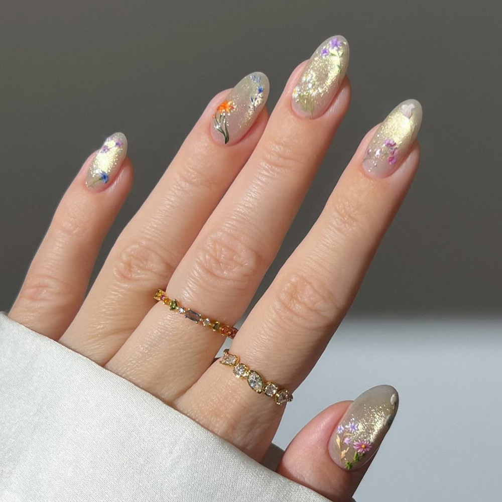Spring Cat Eye Nails with Tiny Flowers Stickers