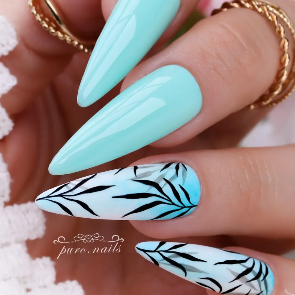 Mint Blue Leaf Nail Art for Spring