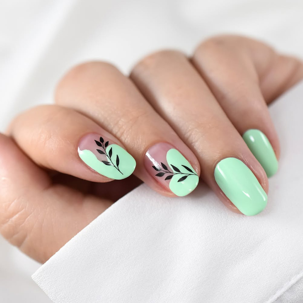 Mint Green Leaf Nail Art