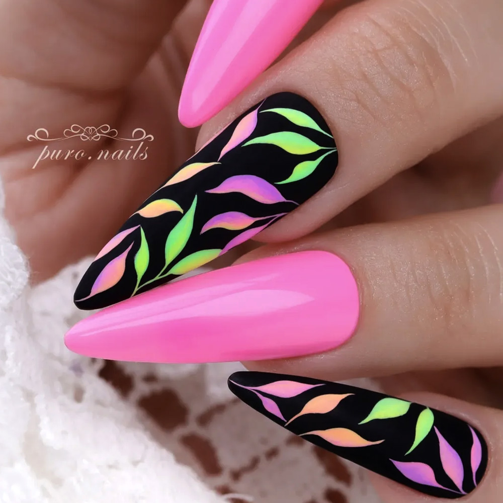 Bright Neon Leaf Nail Art