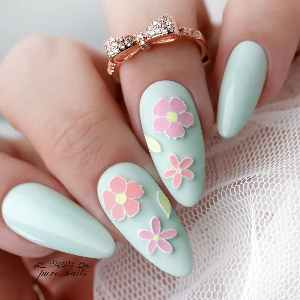 Mint Green Almond Nails With Pink Floral Design
