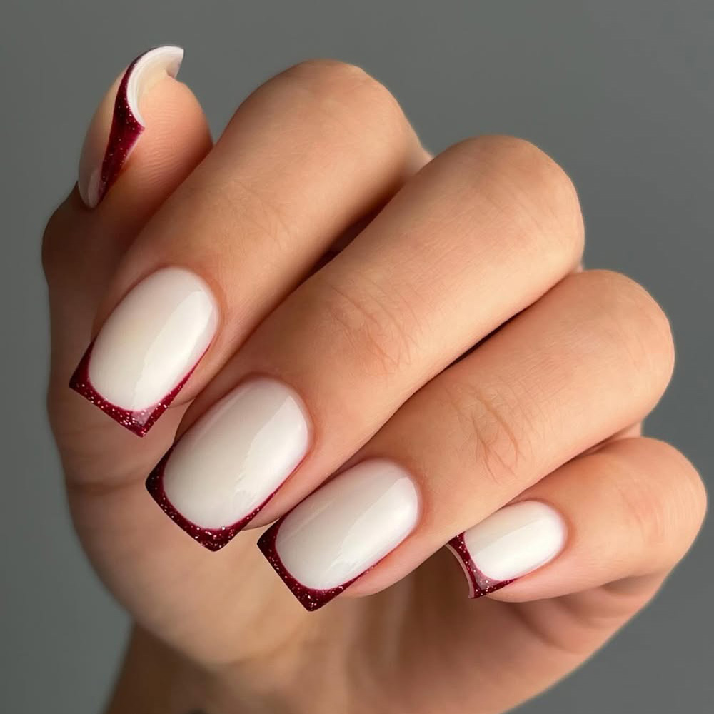 Modern French Nails with Burgundy Glitter Tips