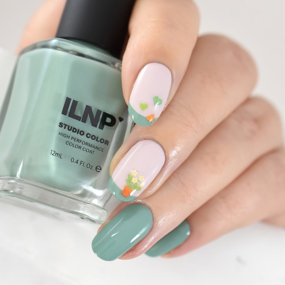 Pistachio Green Nails with Floral Accent