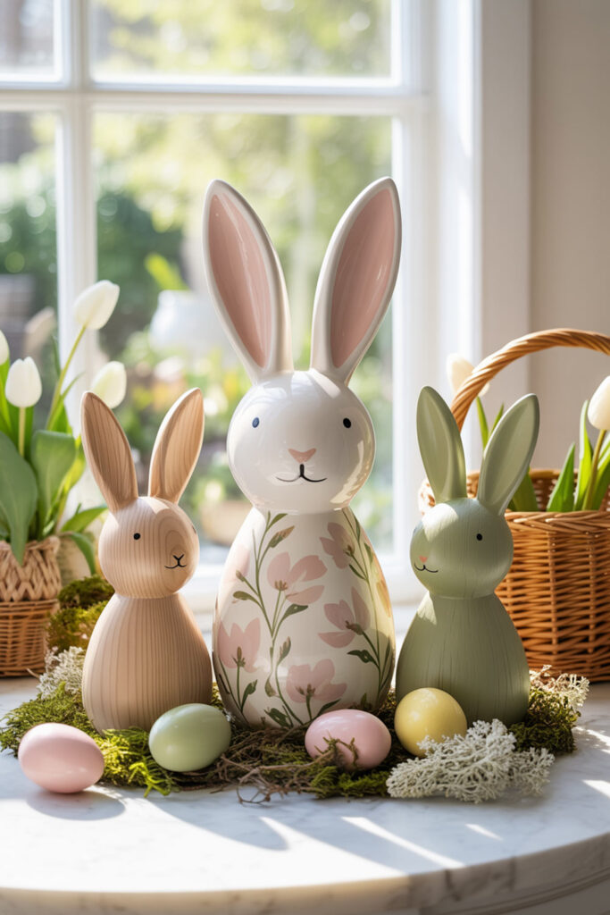 Ceramic And Wooden Easter Bunnies With Pastel Eggs Spring Decor