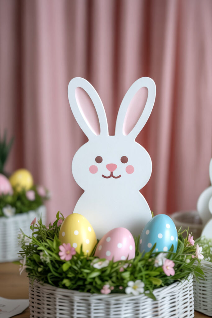 Pastel Easter Bunny Decor With Colorful Eggs And Spring Flowers