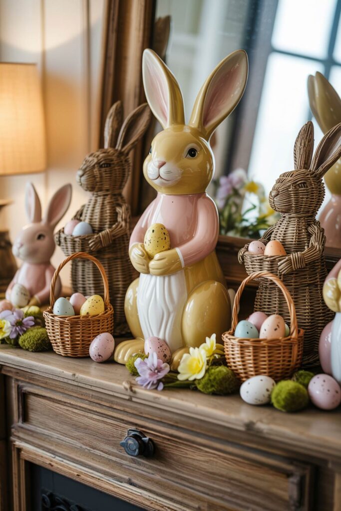 Rustic Easter Bunny Decor With Wicker Baskets And Pastel Eggs