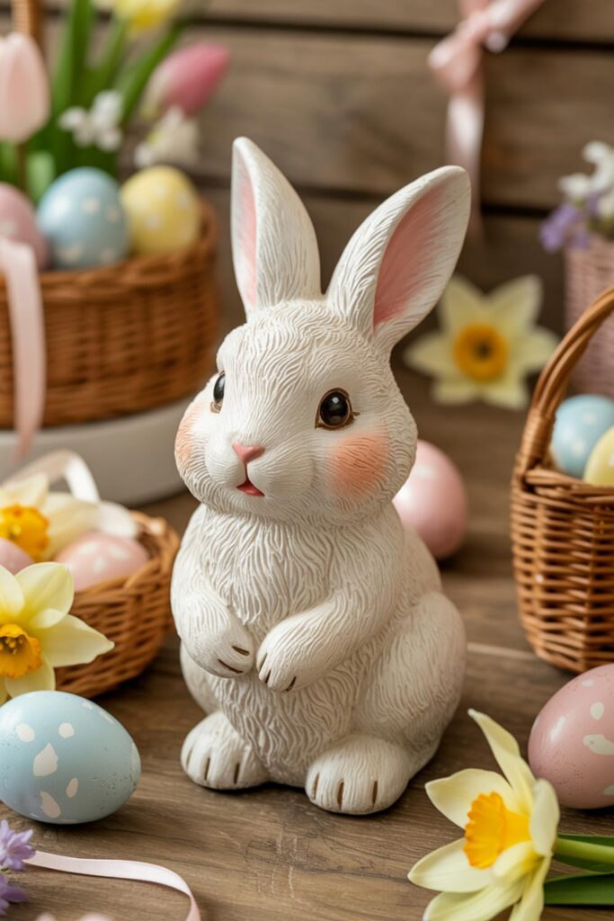 White Easter Bunny Figurine With Pastel Eggs And Spring Flowers