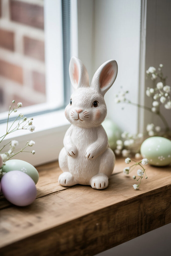 White Easter Bunny Figurine On Window Sill With Pastel Eggs And Spring Flowers