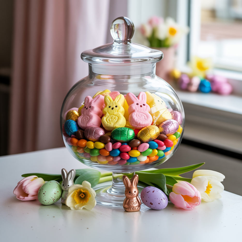 Easter Candy Jars With Labels Ribbons Colorful Candies And Spring Decor