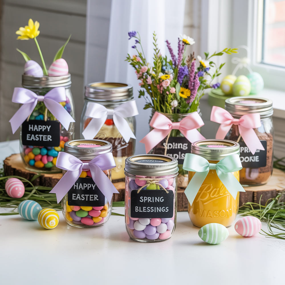 Easter Candy Jars With Labels Ribbons Colorful Candies And Spring Decor