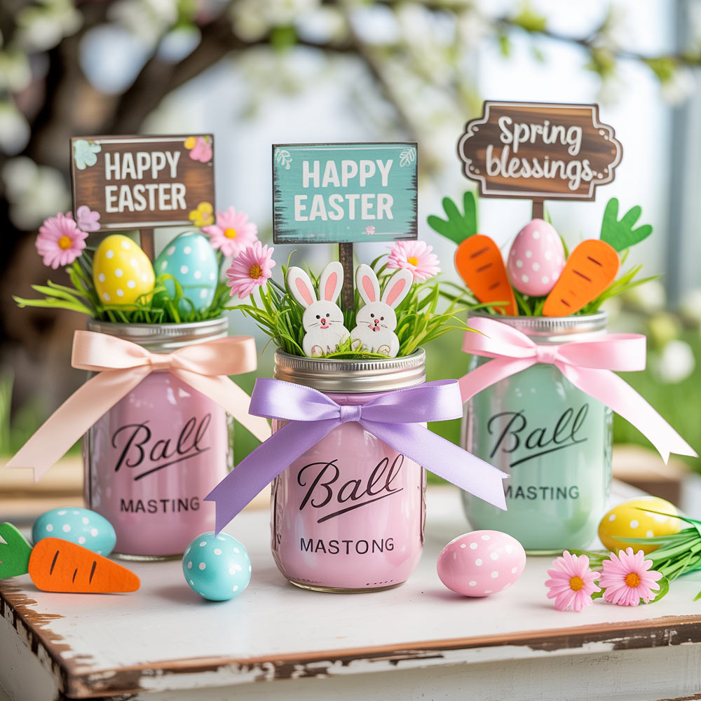 Easter Candy Jars With Signs Eggs Flowers And Bunny Decorations