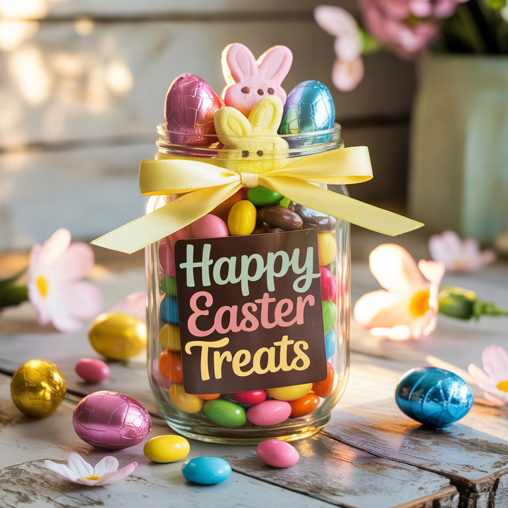 Easter Treats Jar With Colorful Candies Chocolate Eggs And Bunny Sweets