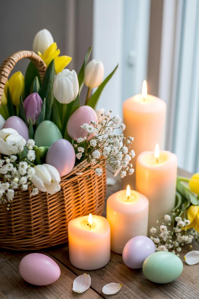 Easter Decor With Basket Tulips Pastel Eggs And Candles