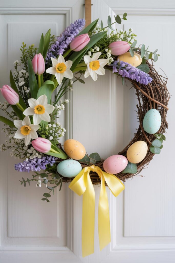 Easter Door Wreath With Spring Flowers Pastel Eggs And Yellow Ribbon