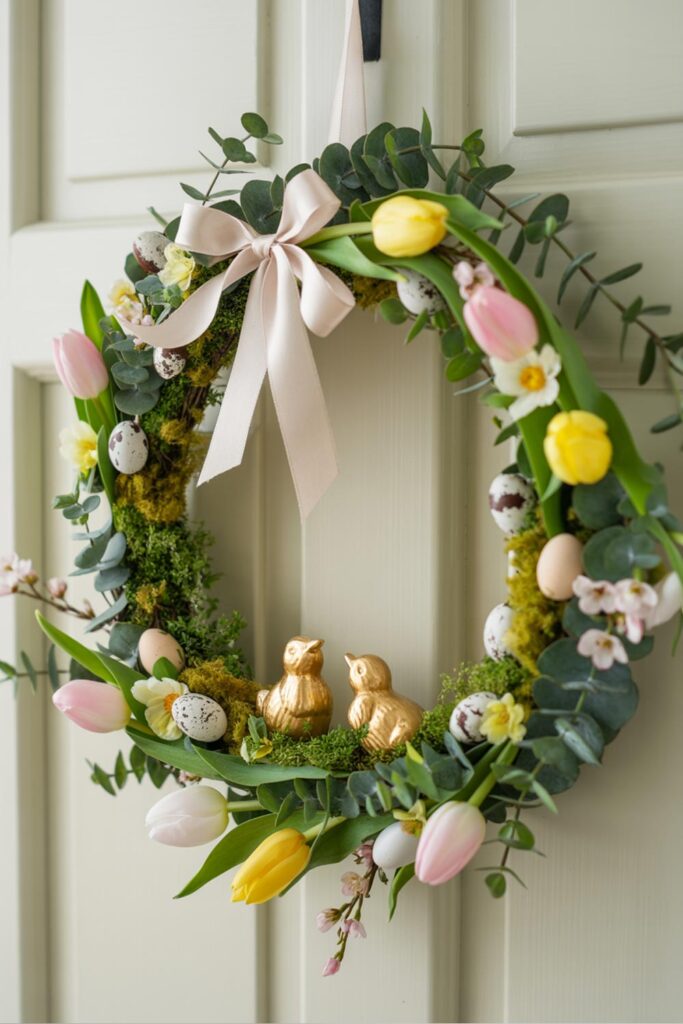 Easter Wreath With Greenery Tulips Decorative Eggs And Ribbon Bow