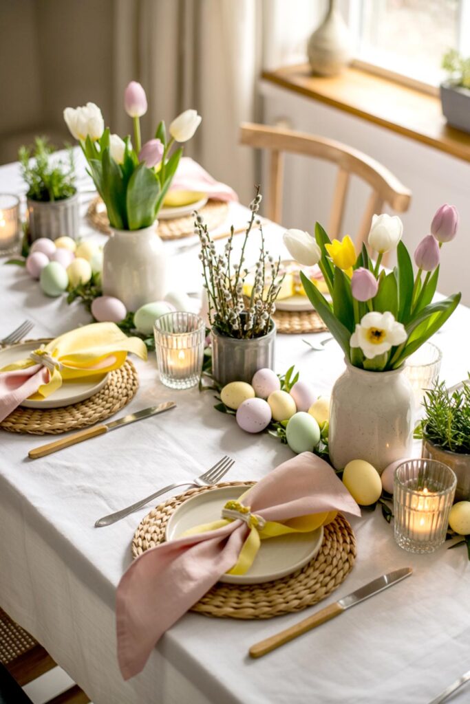 Pastel Easter Table Decor With Tulips Candles And Decorative Eggs