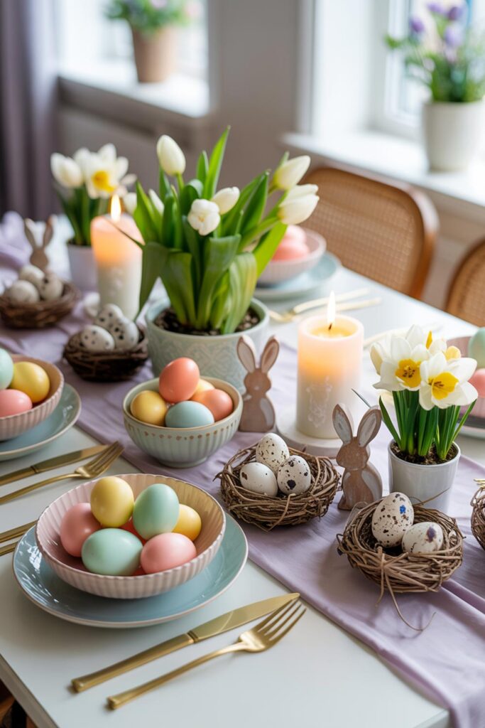 Easter Table Setting With Pastel Eggs Bunny Decor Candles And Spring Flowers
