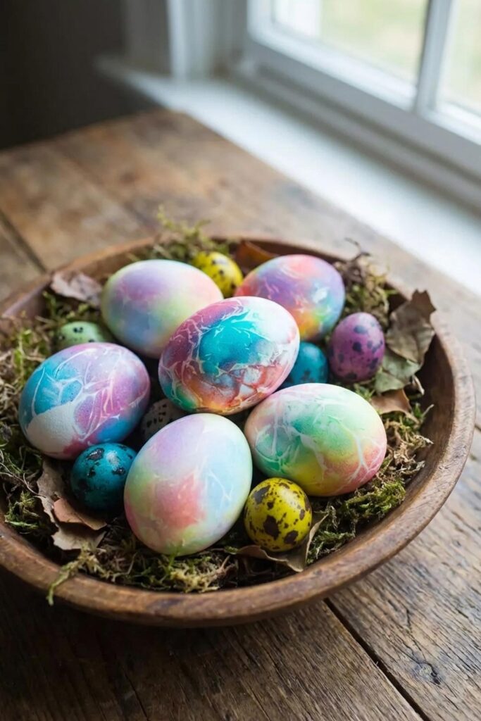 Marble Dyed Easter Eggs With Colorful Patterns In Rustic Bowl