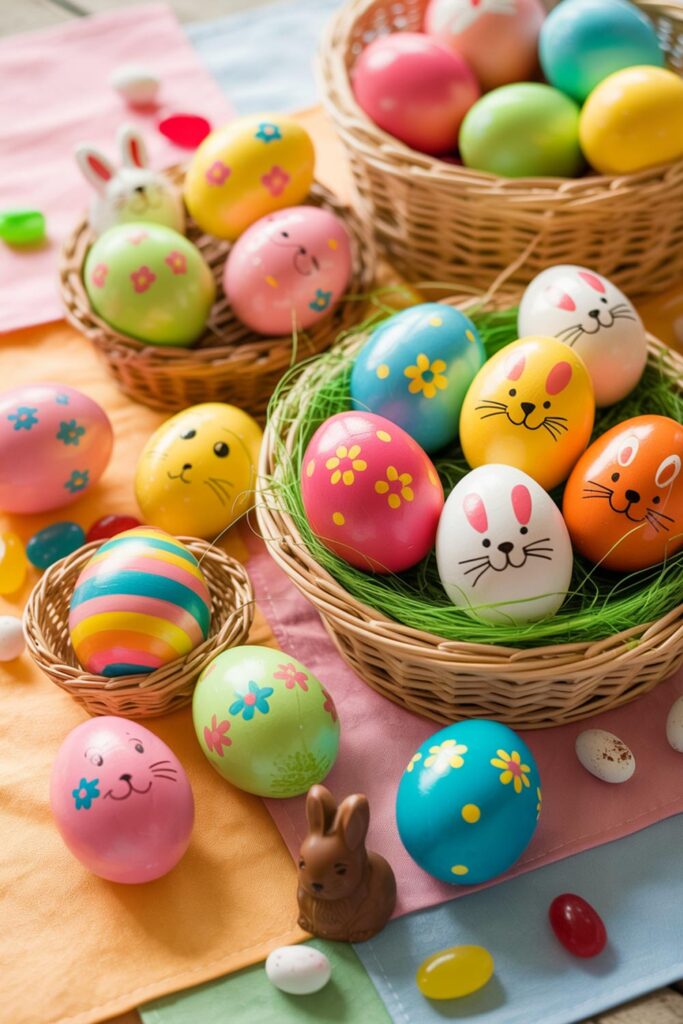 Colorful Easter Eggs With Cute Bunny Faces And Floral Patterns In Wicker Baskets