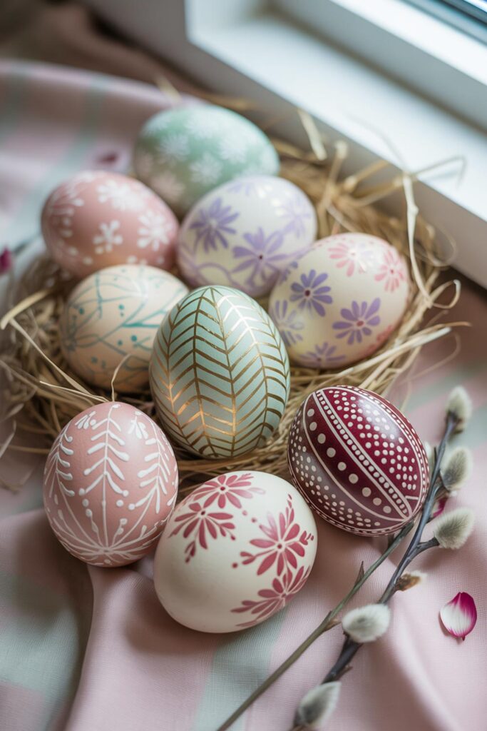 Pastel Easter Eggs With Floral And Geometric Patterns Displayed In Nest With Soft Fabric