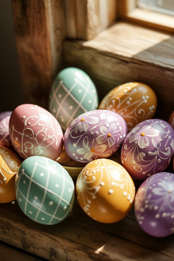 Hand Painted Easter Eggs With Floral And Line Patterns In Soft Spring Colors Near Wooden Window