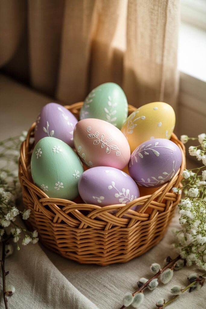 Pastel Easter Eggs With Delicate Floral Patterns In Wicker Basket