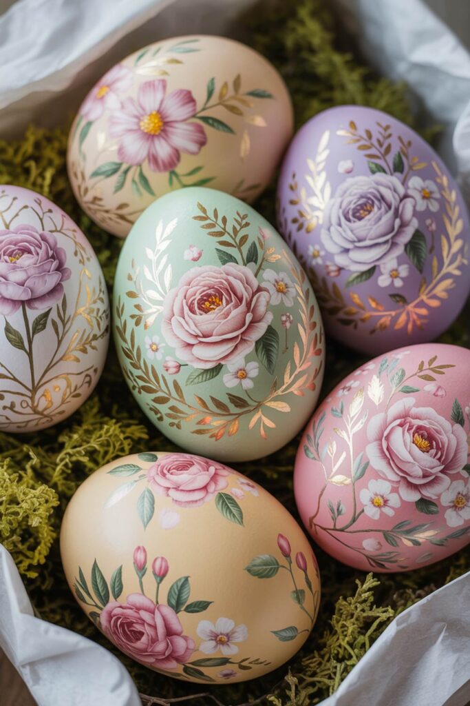 Easter Eggs With Vintage Rose Illustrations And Gold Leaf Details In Soft Pastel Colors