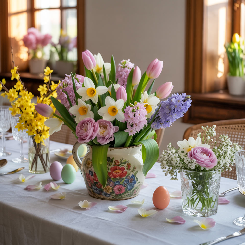 Easter Table Centerpiece With Spring Flowers Pastel Eggs And Elegant Table Setting
