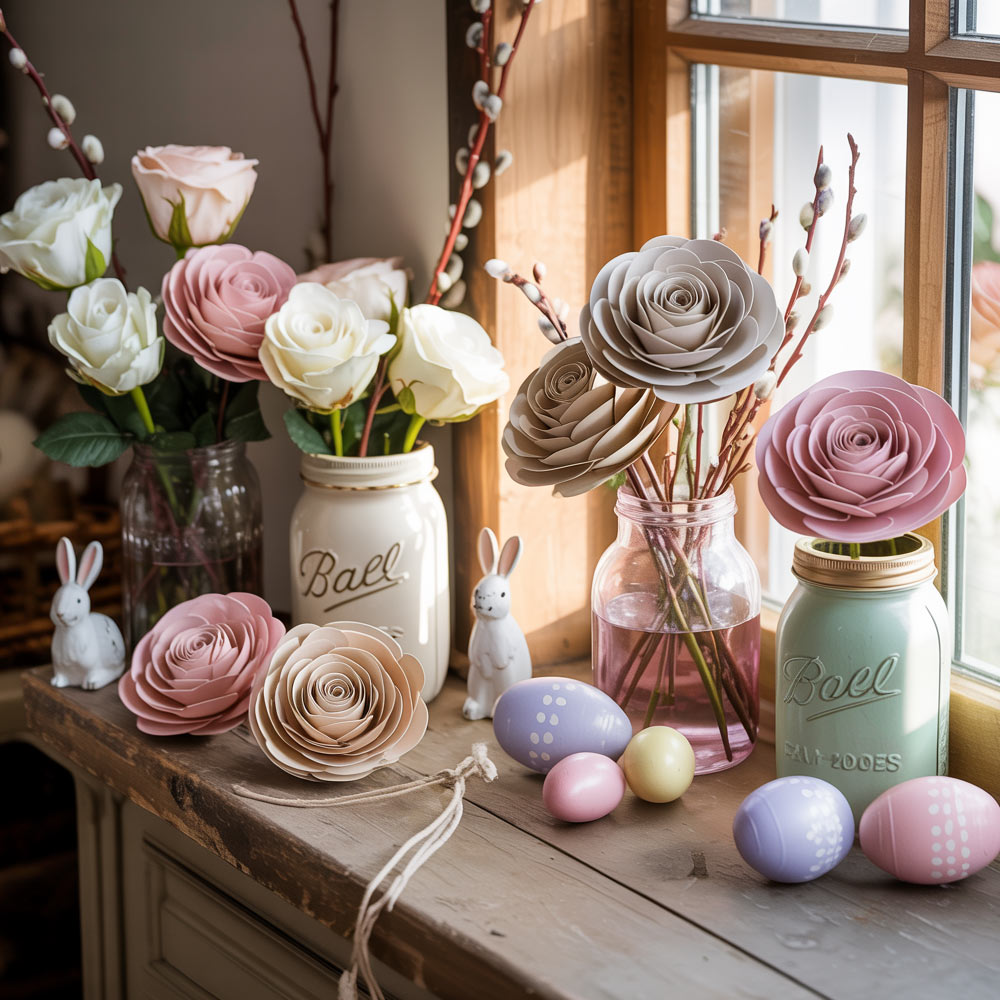 Paper Roses Easter Decor With Pastel Eggs And Bunny Figurines