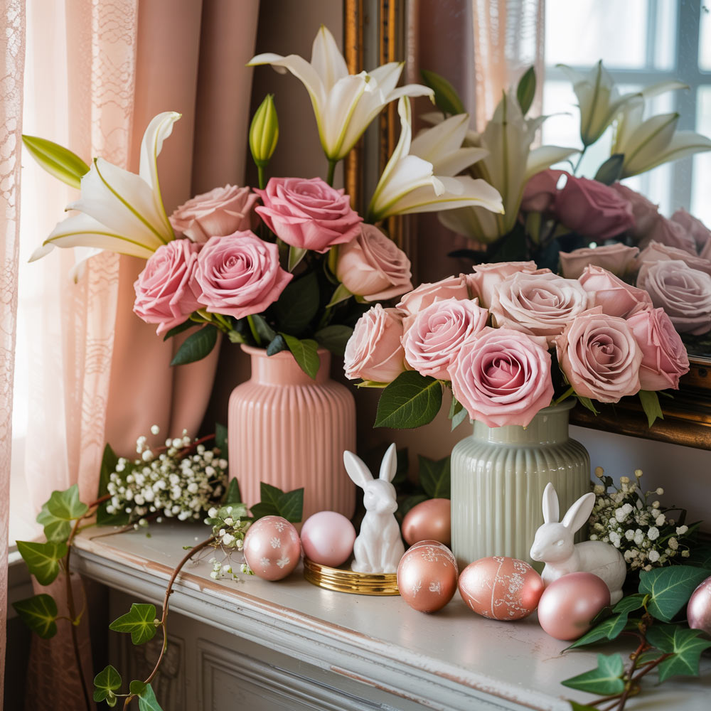 Easter Flower Arrangement With Roses Lilies Bunny Decor And Pastel Eggs