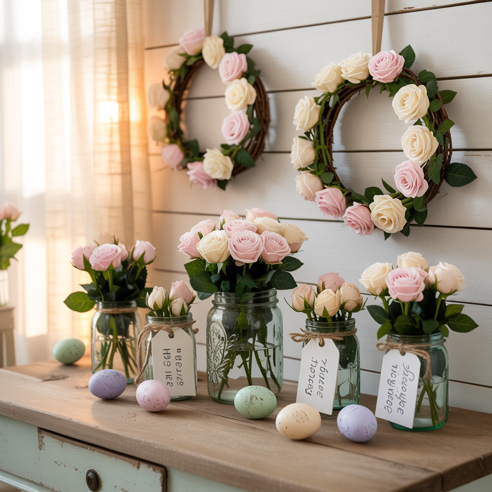 Easter Flower Decor With Rose Wreaths Glass Jars And Pastel Eggs