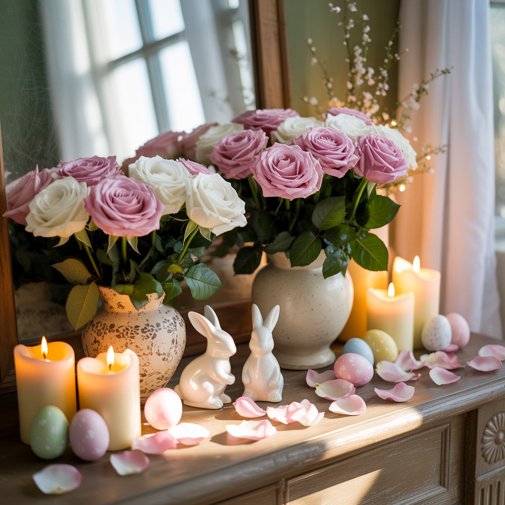 Easter Flower Decor With Roses Candles Bunny Figurines And Pastel Eggs
