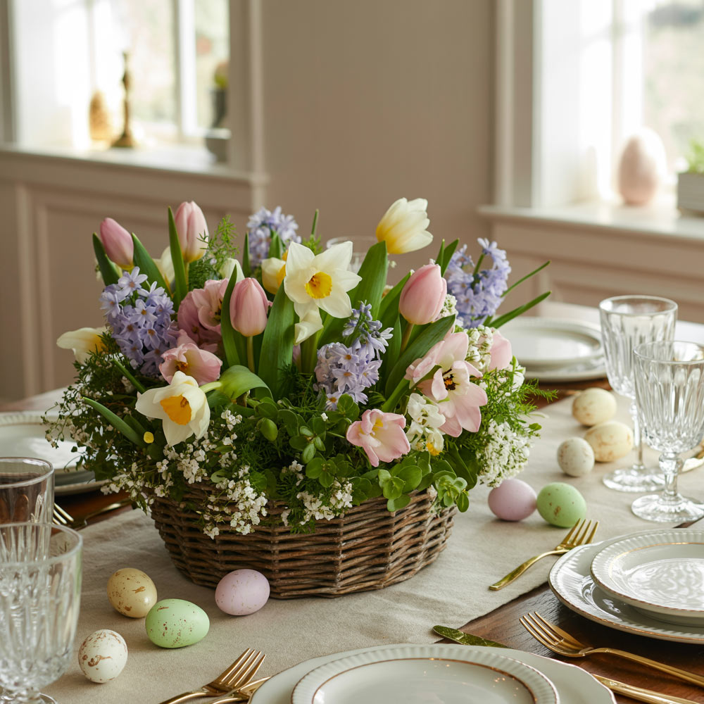 Mixed Spring Flower Bouquet With Tulips Daffodils Hyacinths And Easter Eggs