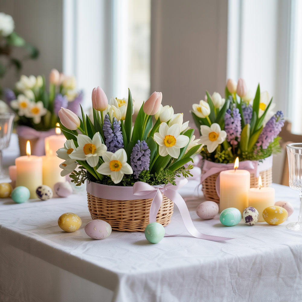 Spring Flower Baskets With Tulips Daffodils Hyacinths And Easter Eggs